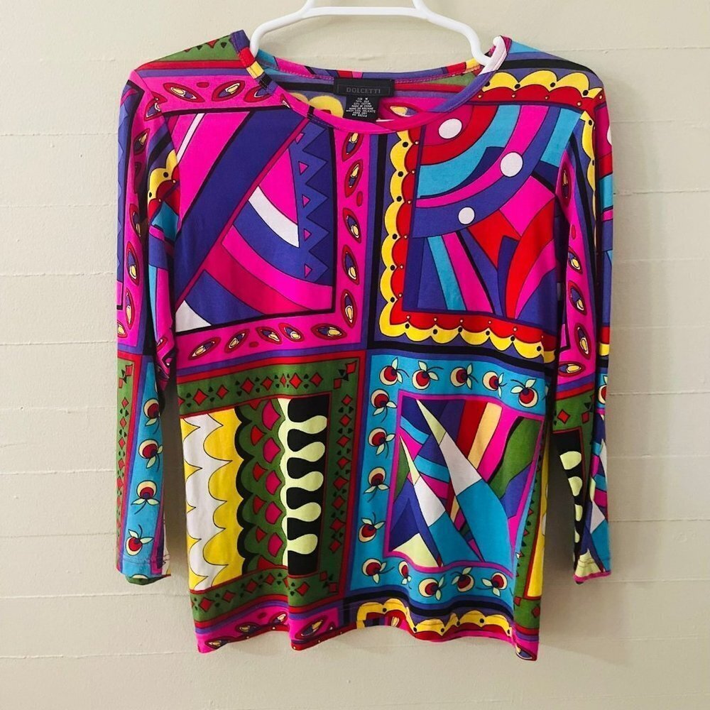Vintage Colorful Art Deco Blouse SZ M Cotton Silk Y2K